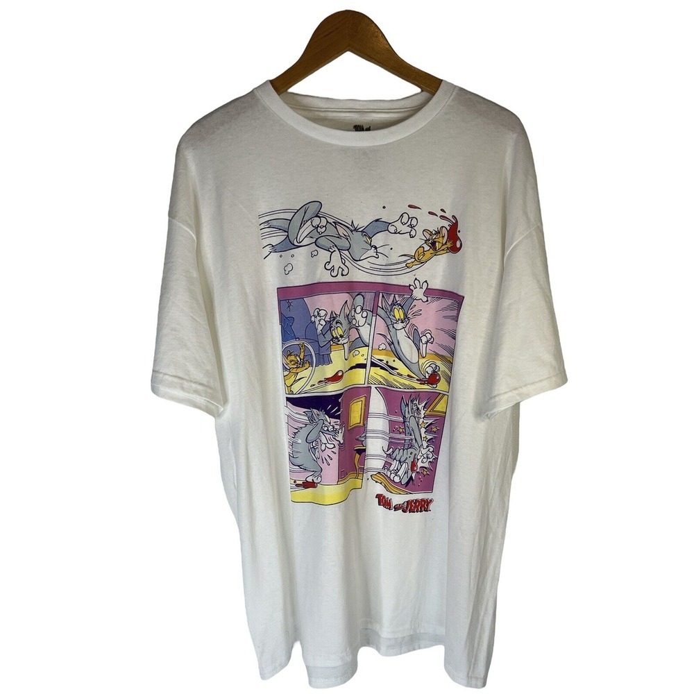 Tom and Jerry Cartoon White Graphic Tee T-shirt Men's Sz XL Extra Large